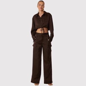 The Noli Shop Womens Pants Brown Milan Satin Cargo Relaxed Full Length Trouser 8